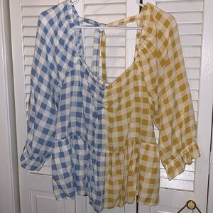 Cato Gingham Peplum Crop 3/4 Balloon Sleeve Blouse